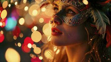 ai généré magnifique Jeune femme dans carnaval masque et élégant mascarade costume avec plumes et cierges magiques dans coloré bokeh sur noir Contexte. Noël, Nouveau année, fête photo