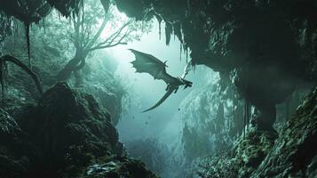 ai généré dragon en volant en haut en dehors de caverne dans brumeux fantaisie forêt. photo