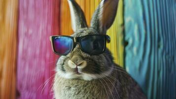 ai généré cool lapin avec des lunettes de soleil sur coloré Contexte photo