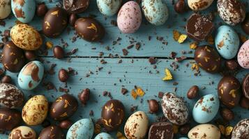 ai généré Haut vers le bas vue de un Pâques frontière Cadre de de robin des œufs et Chocolat des œufs avec copie espace dans le milieu photo