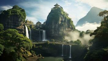 ai généré image de temple et cascade écoulement éclabousser le Haut de le l'eau photo