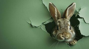 ai généré lapin furtivement en dehors de une trou dans papier, duveteux oreille lapin Pâques lapin bannière, lapin sauter en dehors déchiré trou. photo