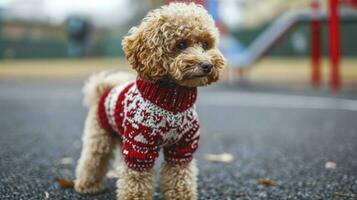 ai généré un adorable sourire marron jouet caniche prise une image dans le école terrain de jeux portant chiot habillé rouge et blanc chandail photo