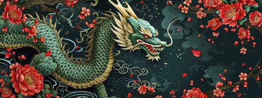 ai généré année de le dragon. chinois Nouveau an. de félicitations bannière avec vert dragon, rouge fleurs et feux d'artifice. photo