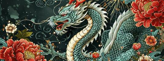 ai généré année de le dragon. chinois Nouveau an. de félicitations bannière avec vert dragon, rouge fleurs et feux d'artifice. photo