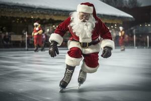 ai généré Père Noël claus la glace patinage avec rouleau patins photo