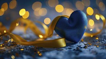 ai généré bleu cœur, Jaune ruban emballage autour le cœur, sur bokeh Contexte. photo