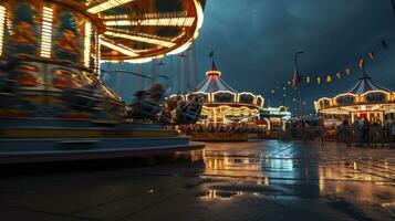 ai généré fête foraine et carnaval monte et attractions embrasé à nuit. photo