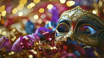 ai généré carnaval faire la fête. vénitien masque avec coloré banderole et sifflet photo