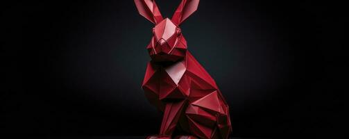 ai généré rouge lapin origami isolé sur une noir Contexte photo