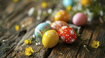 ai généré magnifique coloré Pâques des œufs sur en bois photo