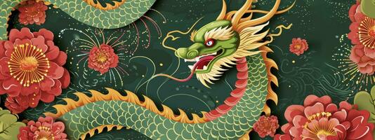 ai généré année de le dragon. chinois Nouveau an. de félicitations bannière avec vert dragon, rouge fleurs et feux d'artifice. photo