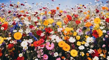 ai généré champ de fleurs, fleurs dans le champ, coloré fleurs en dessous de le ciel, coloré fleurs, fleurs champ photo