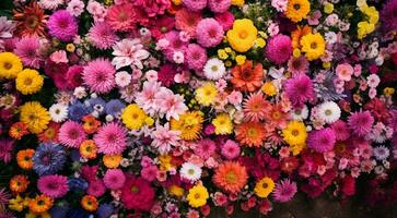 ai généré champ de fleurs, fleurs dans le champ, coloré fleurs en dessous de le ciel, coloré fleurs, fleurs champ photo