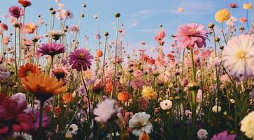 ai généré champ de fleurs, fleurs dans le champ, coloré fleurs en dessous de le ciel, coloré fleurs, fleurs champ photo