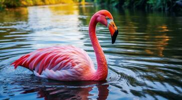 ai généré rose flamant sur le lac, rose flamant nager sur le eau, fermer de une magnifique rose flamant photo