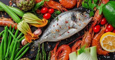 concept d'alimentation saine. poisson dorado cru avec des légumes frais. mise à plat.