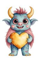 ai généré valentines journée graphique de une mignonne monstre avec une Jaune cœur photo
