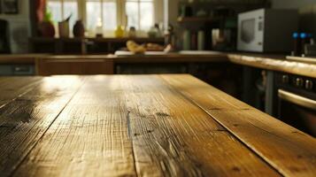 ai généré vide table dans moderne cuisine intérieur, vide en bois compteur table Haut pour produit afficher photo