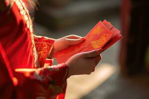 ai généré chinois Nouveau année fête, tondu coup de main recevoir rouge enveloppes de leur parent photo