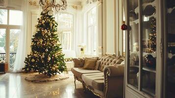ai généré vivant pièce intérieur conception avec Noël décoration minimal esthétique 3d rendu photo