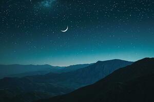 ai généré panorama vue de nuit ciel et lune, étoiles, Ramadan kareem islamique Contexte photo