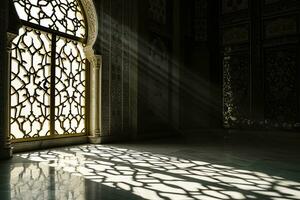 ai généré islamique Contexte lumière avec mosquée fenêtre ornement scène photo