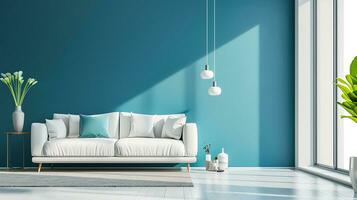 ai généré bleu vivant pièce intérieur conception avec canapé minimal esthétique 3d rendu photo