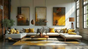 ai généré vivant pièce intérieur conception avec canapé minimal esthétique 3d rendu photo