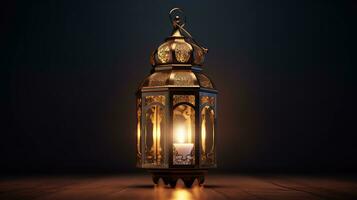 ai généré Ramadan kareem lanterne sur foncé Contexte. photo