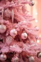 ai généré rose Noël arbre et différent Noël décorations. content Nouveau année et Noël Noël concept photo