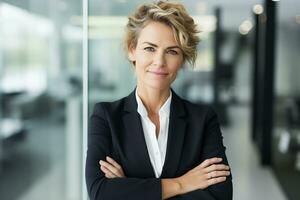 ai généré portrait de magnifique femme d'affaires dans moderne Bureau génératif ai photo