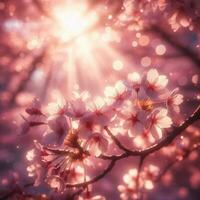 ai généré hyper réaliste Sakura Cerise fleur arbre feuilles Japonais Festival Matin rosée Osaka tokyo photo