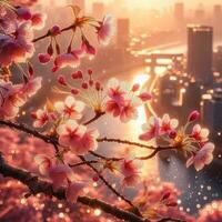 ai généré hyper réaliste Sakura Cerise fleur arbre feuilles Japonais Festival Matin rosée Osaka tokyo photo