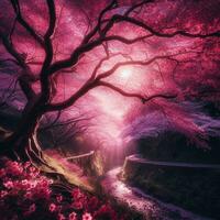 ai généré hyper réaliste sakamura Cerise fleur arbre feuilles Japonais Festival Matin rosée Osaka tokyo photo