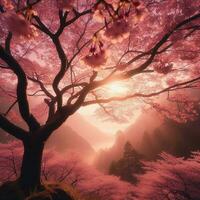 ai généré hyper réaliste sakamura Cerise fleur arbre feuilles Japonais Festival Matin rosée Osaka tokyo photo
