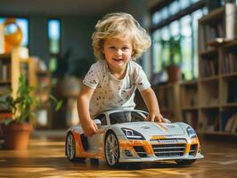 ai généré enfant garçon bambin en jouant avec jouet voiture photo