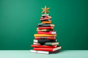 ai généré Noël arbre fabriqué de livres sur vert Contexte photo