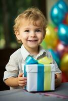 ai généré cadeau déballer délice enfant sourit et excitation dans anniversaire félicité photo