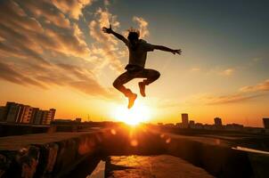 ai généré vibrant homme Parkour le coucher du soleil. produire ai photo