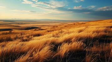 ai généré doux le coucher du soleil sur venteux les prairies avec nuageux ciels photo