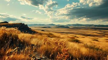 ai généré d'or prairie herbe contre une toile de fond de loin montagnes photo