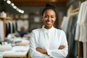 ai généré portrait de réussi et content femme d'affaires, Bureau ouvrier souriant et à la recherche à caméra, travail à l'intérieur moderne bureau. photo