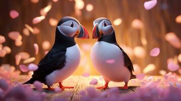 ai généré deux super mignonne macareux oiseau couple dans l'amour. content la Saint-Valentin journée salutation carte. ai généré image photo