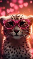 ai généré super mignonne guépard dans l'amour portant cœur forme rose lunettes. content la Saint-Valentin journée salutation carte concept. ai généré image photo