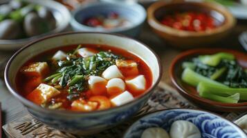 ai généré en mangeant fait maison blanc petit Tangyuan avec sarriette soupe et légume. photo