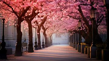 ai généré ruelle avec rose Sakura des arbres, brillant ensoleillé journée. ai généré image photo