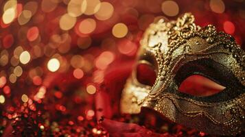 ai généré carnaval carte la magie d'or carnaval masque avec briller dans brillant rouge Contexte photo