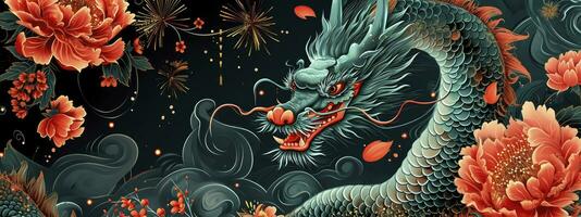 ai généré année de le dragon. chinois Nouveau an. de félicitations bannière avec vert dragon, rouge fleurs et feux d'artifice. photo