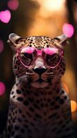 ai généré super mignonne guépard dans l'amour portant cœur forme rose lunettes. content la Saint-Valentin journée salutation carte concept. ai généré image photo